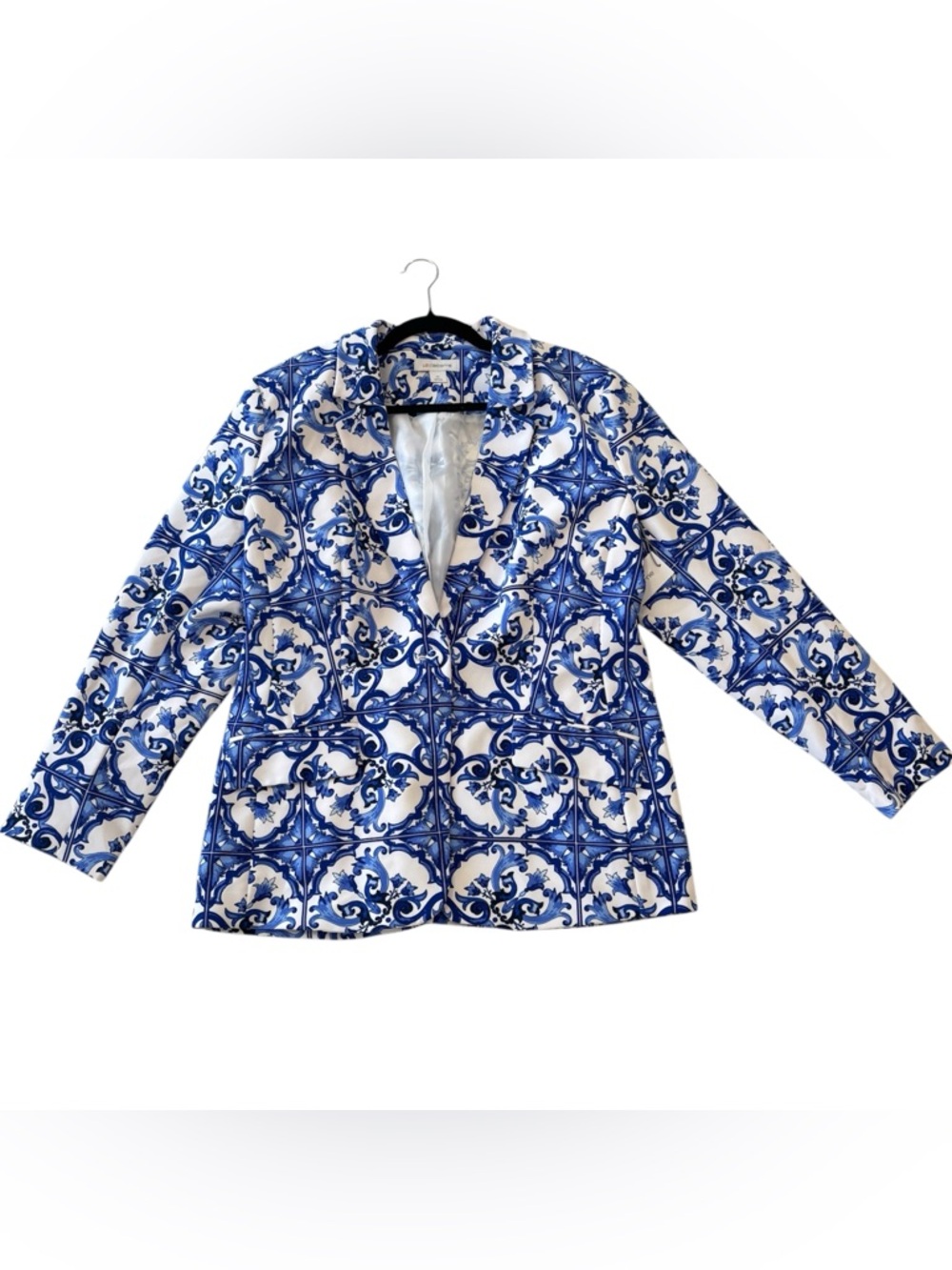 Liz Claiborne Blue and White Floral Print Button-Up Single Breasted Blazer